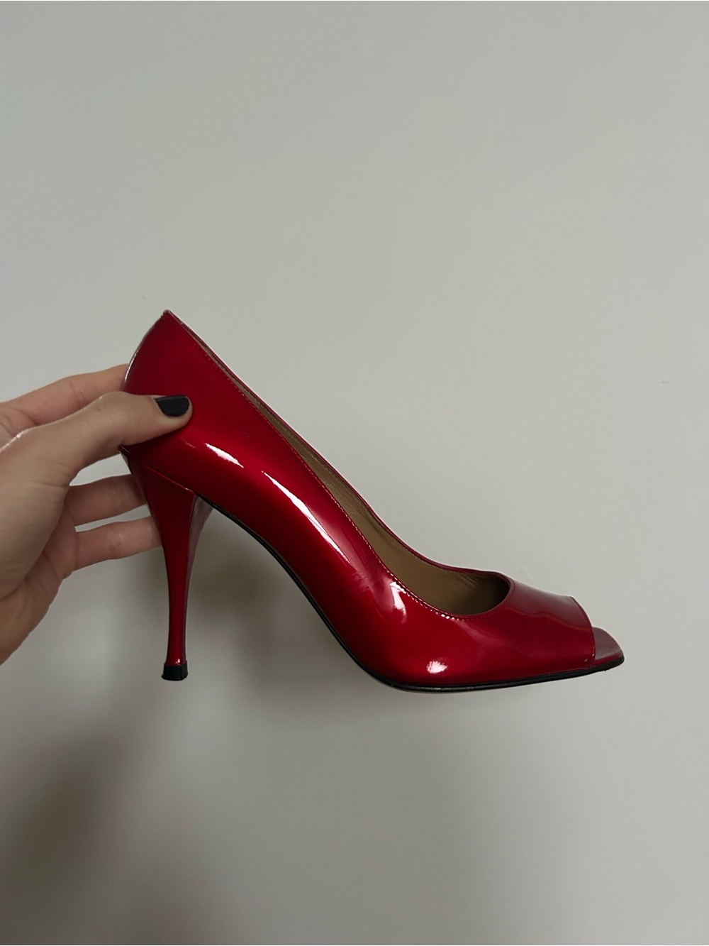 Stuart Weitzman Red Patent Peep-Toe Stiletto Heels